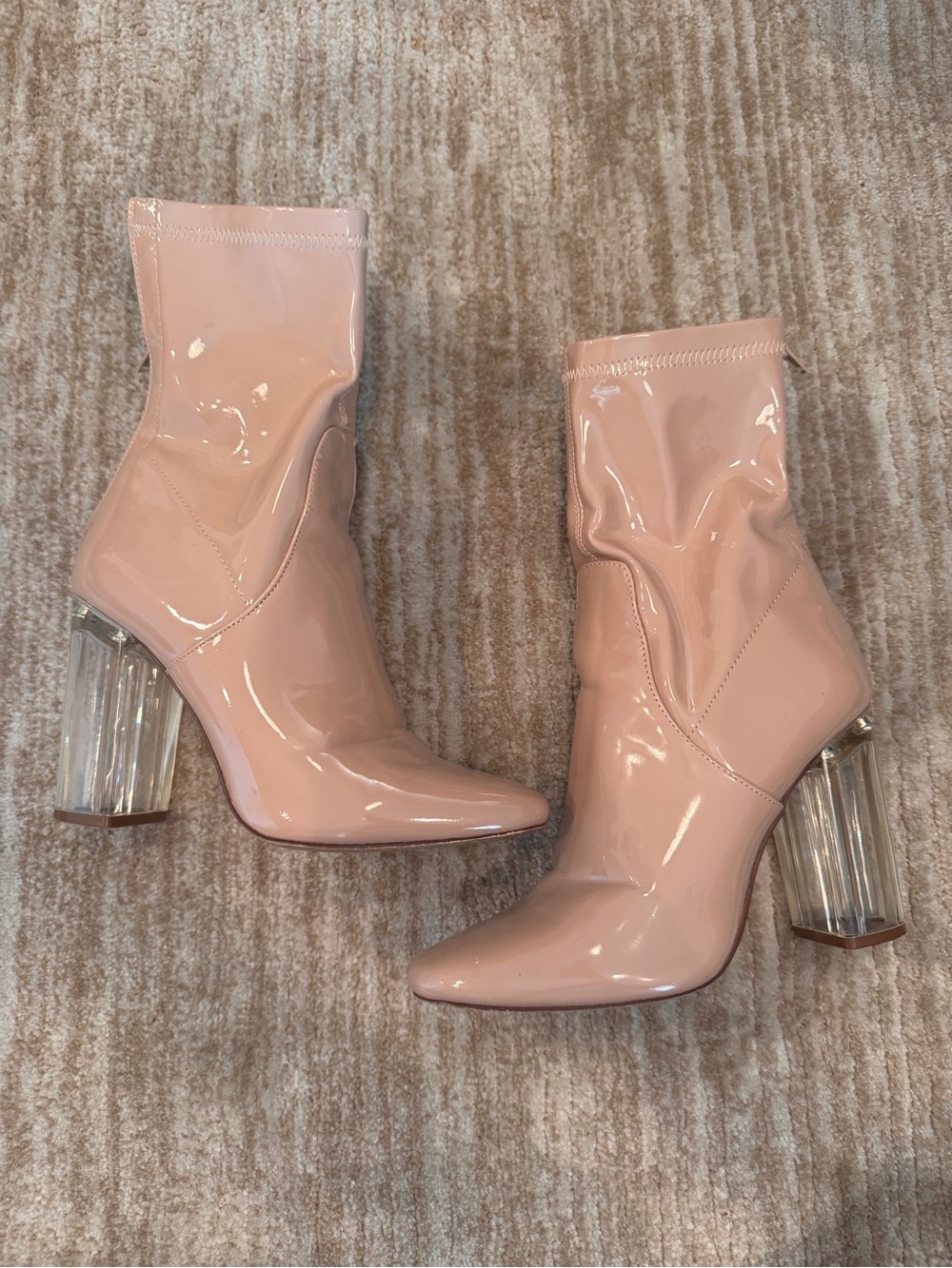 Women’s Nude/Blush Pink Patent Sock Boots with Clear Acrylic Block Heel size 7